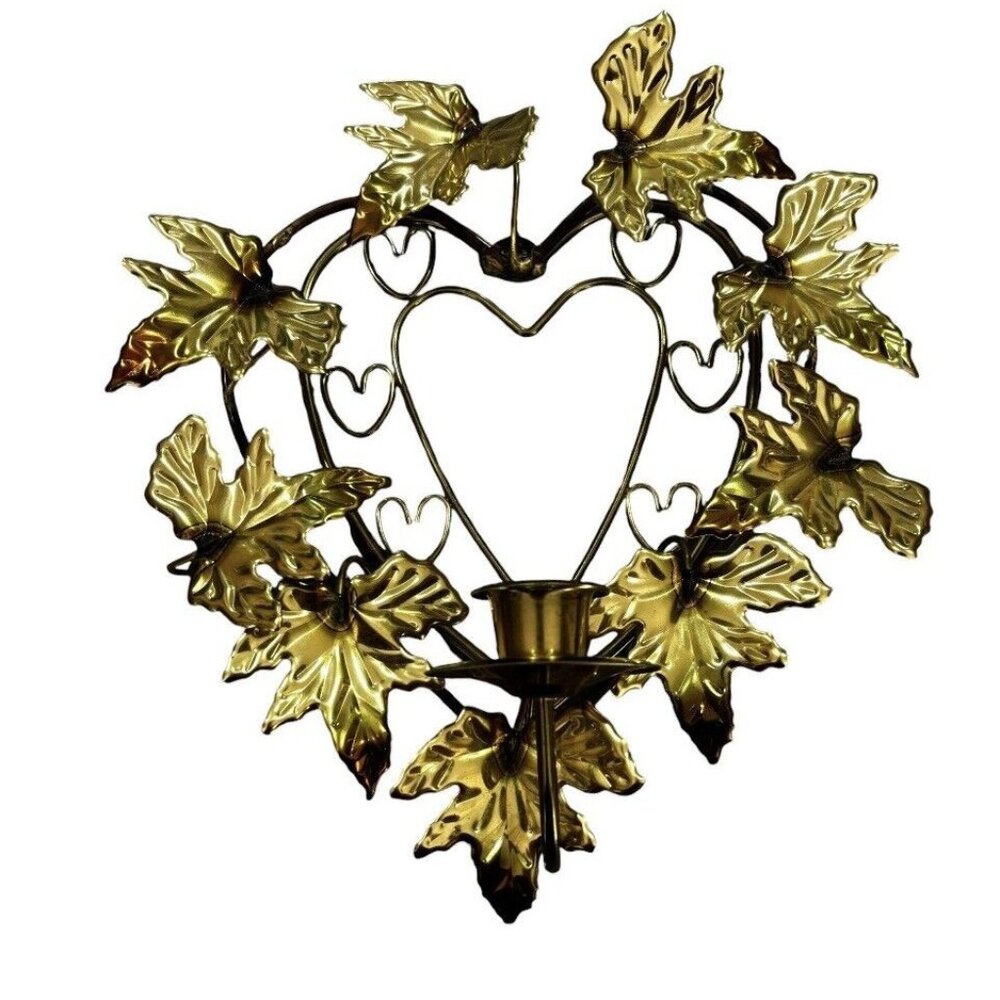 Vintage Brass Candle Holder Heart W Leaves Wall Decor Mid Century MCM Sconce